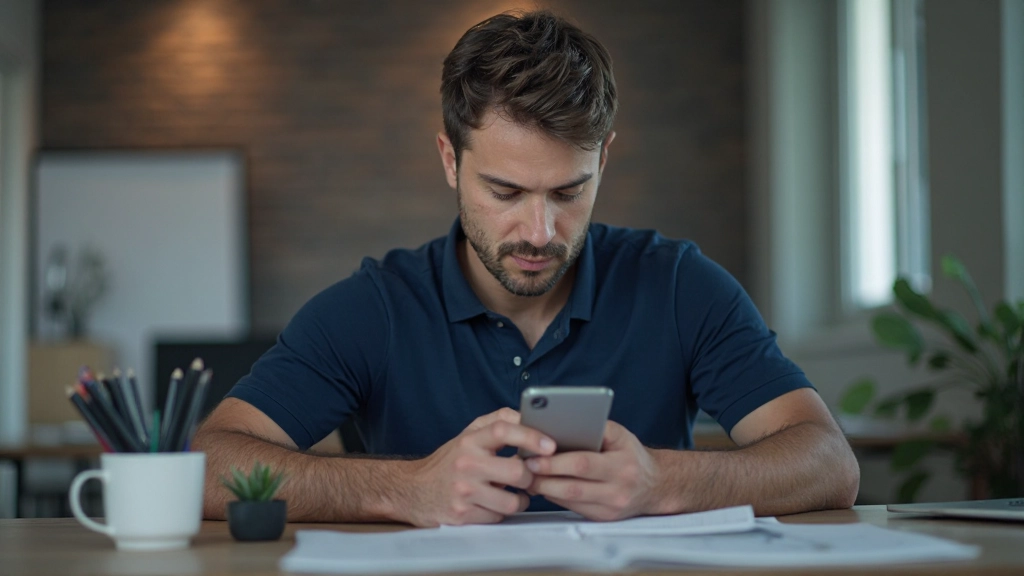 Молодой профессионал использует приложение для планирования на смартфоне в офисе