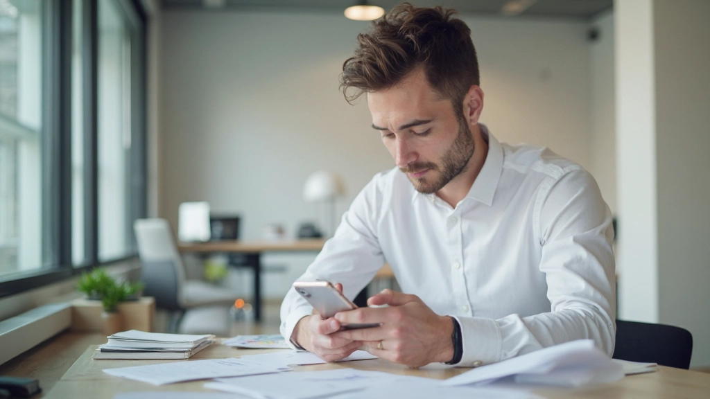 Молодой профессионал использует приложение для планирования на смартфоне в офисе