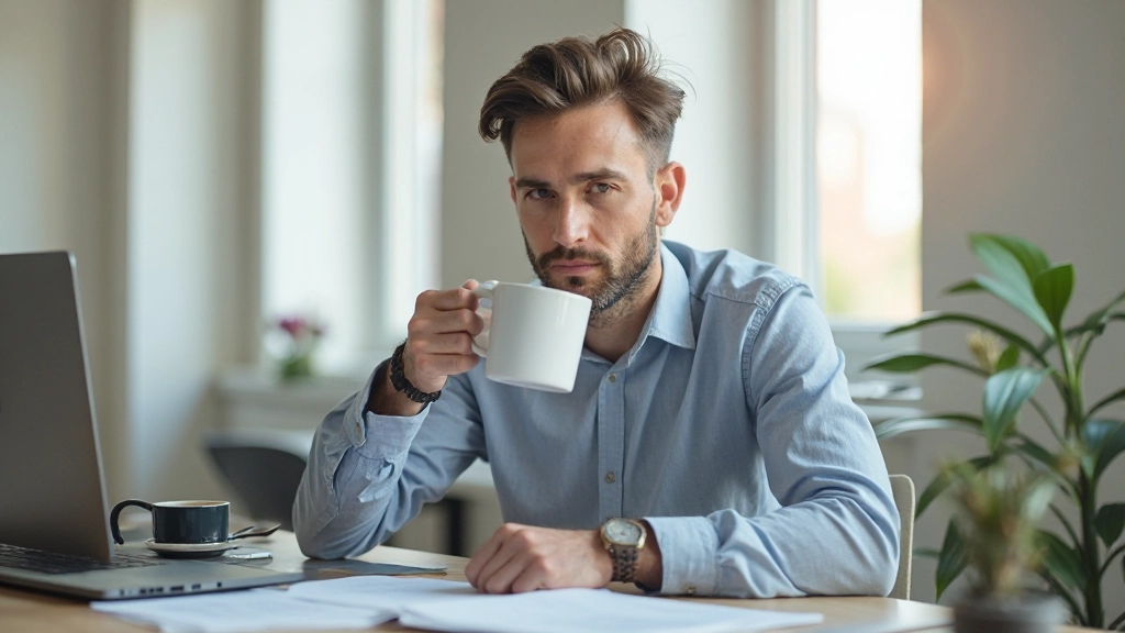 Человек во время кофе-брейка, восстанавливающий энергию перед продолжением работы