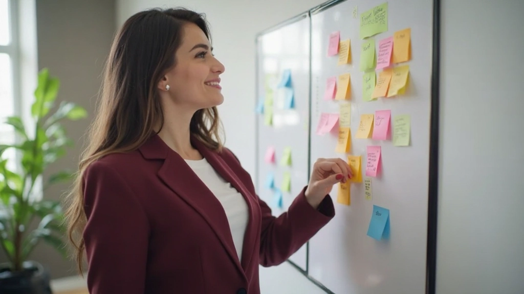 Деловая женщина анализирует приоритеты и цели на стикерах на белой доске